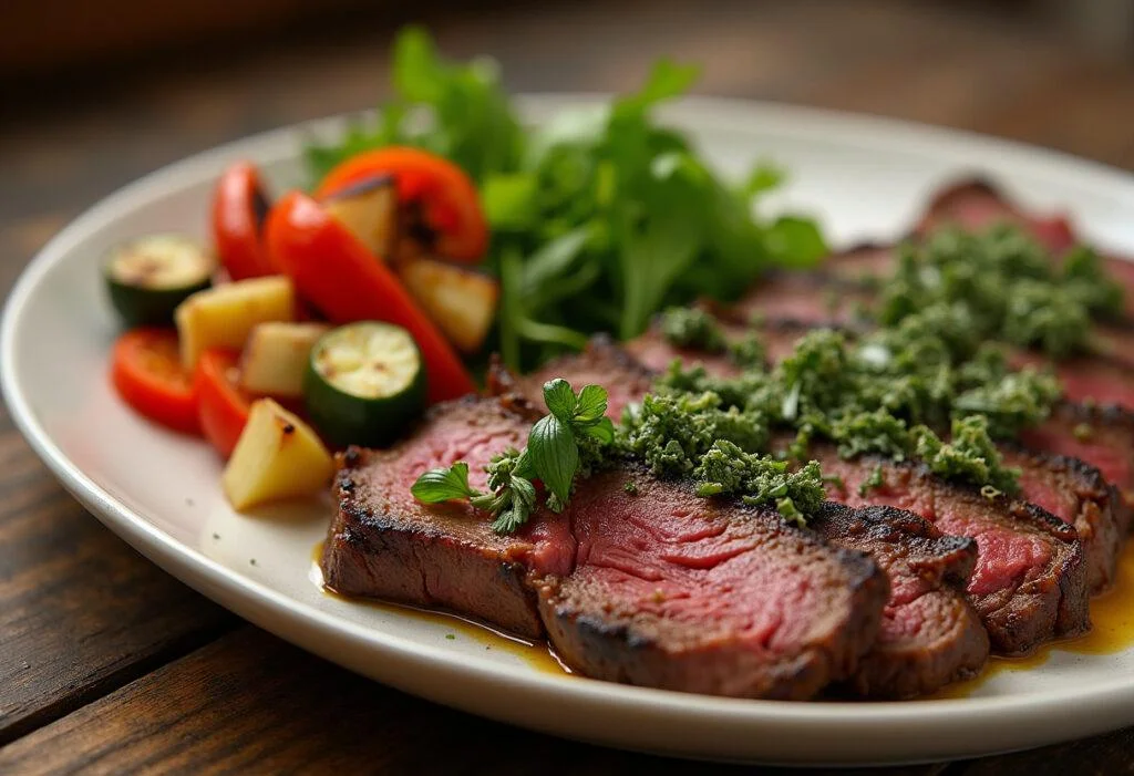 Finished grilled flank steak with chimichurri sauce, perfect for a flavorful dinner.