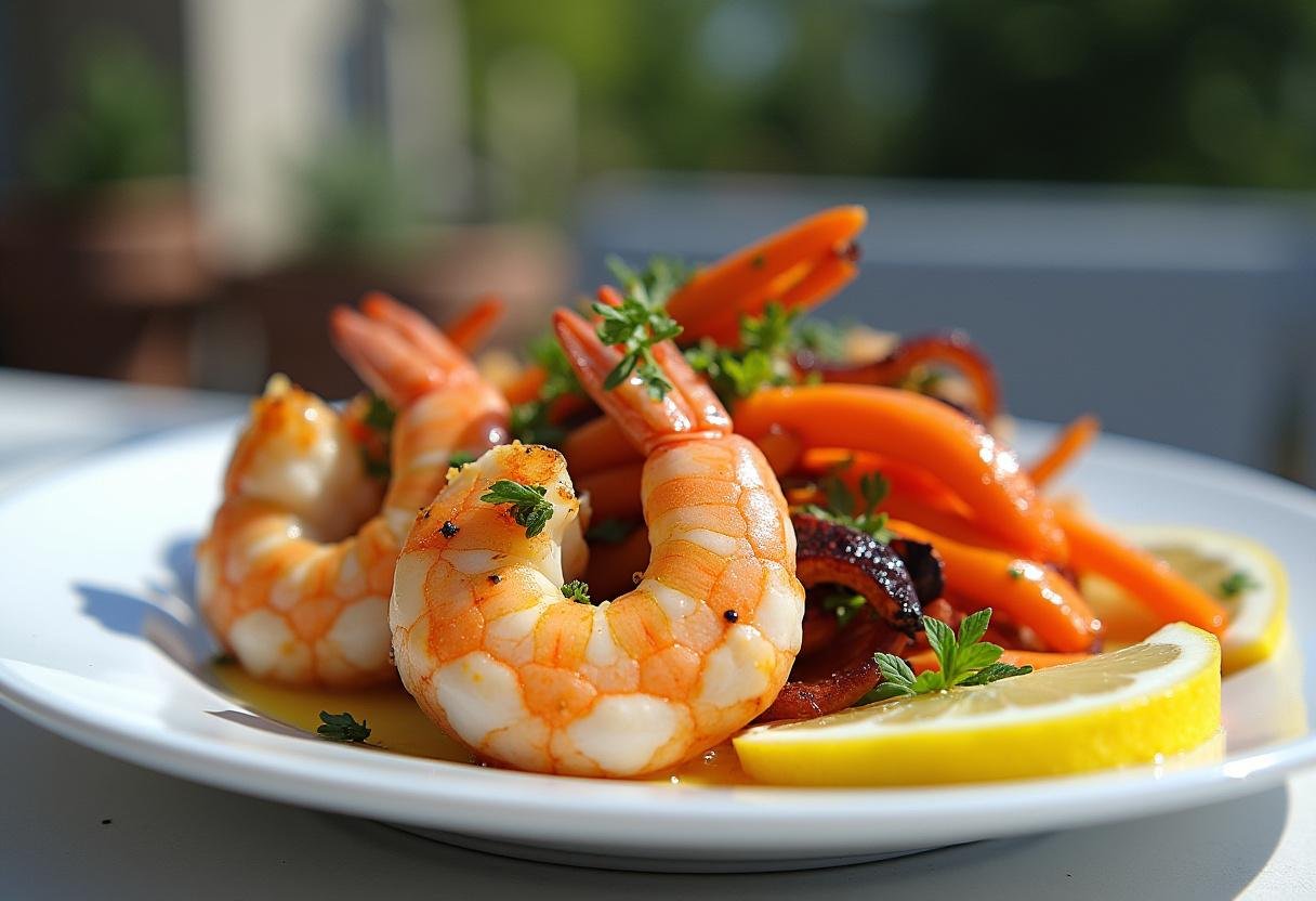 Finished Grilled Lemon Herb Shrimp dish served with grilled vegetables, ideal for summer dining.