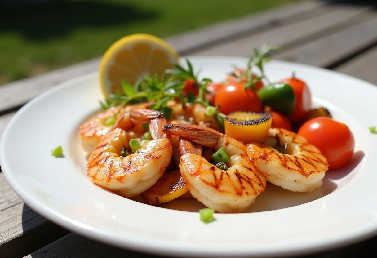 Finished Grilled Lemon Herb Shrimp dish served with grilled vegetables, ideal for summer dining.