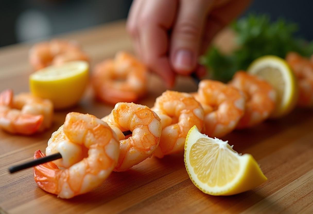 Shrimp skewers being prepared with marinated shrimp and lemon slices for grilling.
