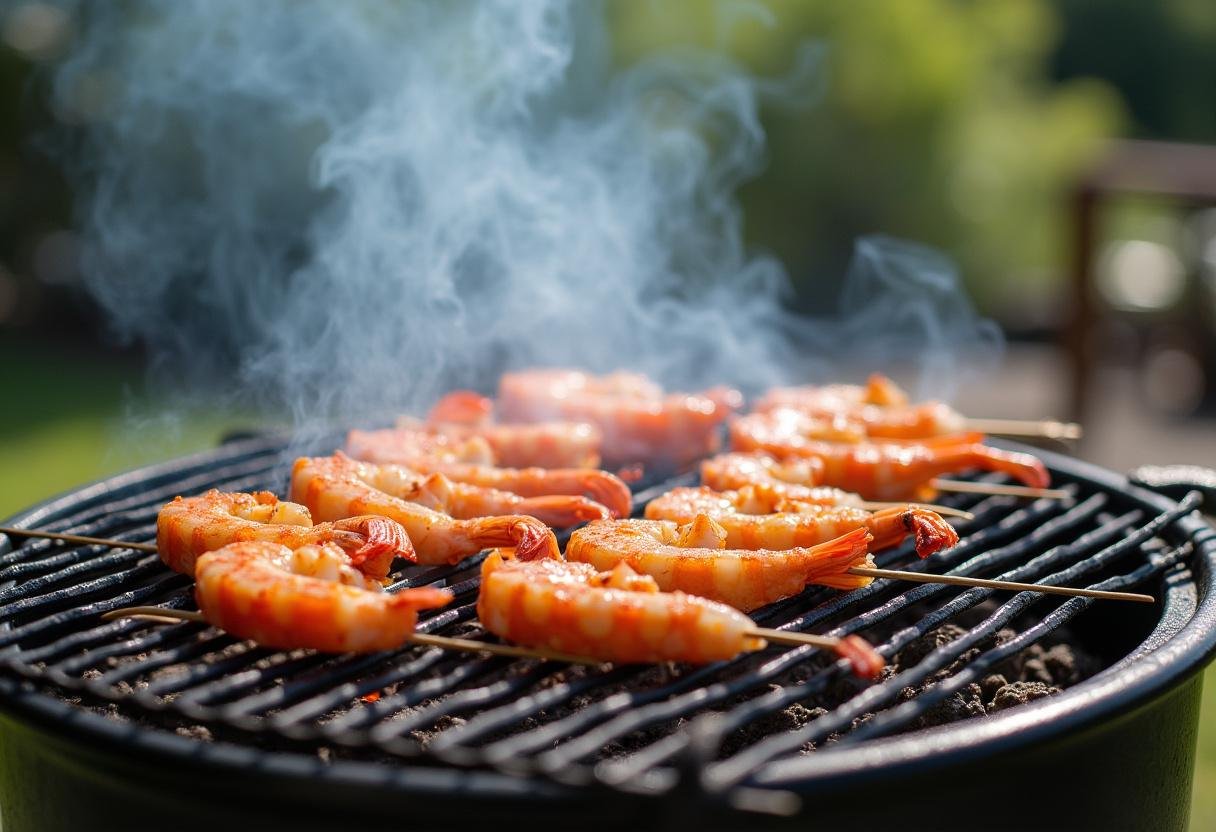 Shrimp skewers grilling on an outdoor barbecue, ready for a delicious meal.