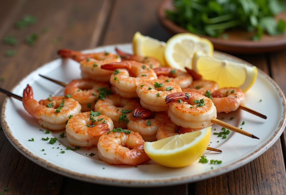 Grilled Lemon Herb Shrimp skewers garnished with lemon and herbs, perfect for a summer feast.
