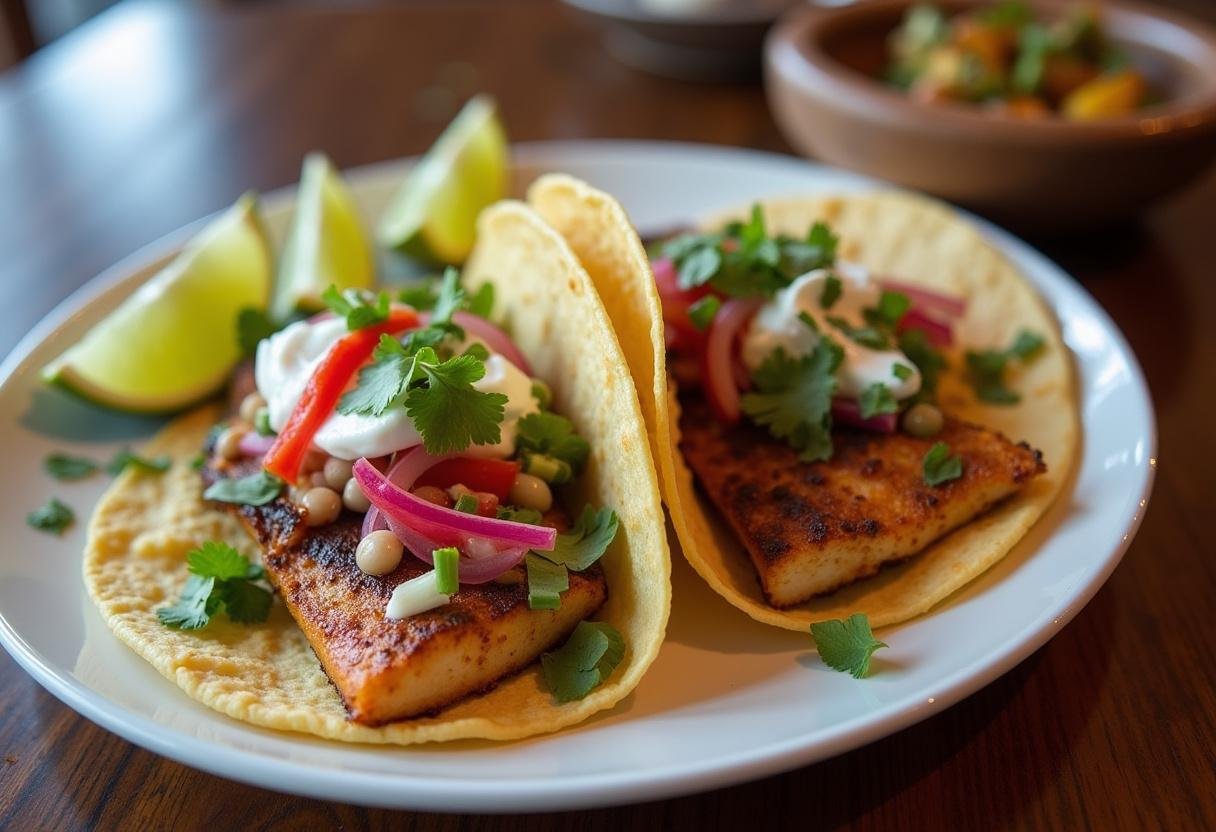 Finished grilled mahi mahi tacos with fresh ingredients, ready to enjoy.
