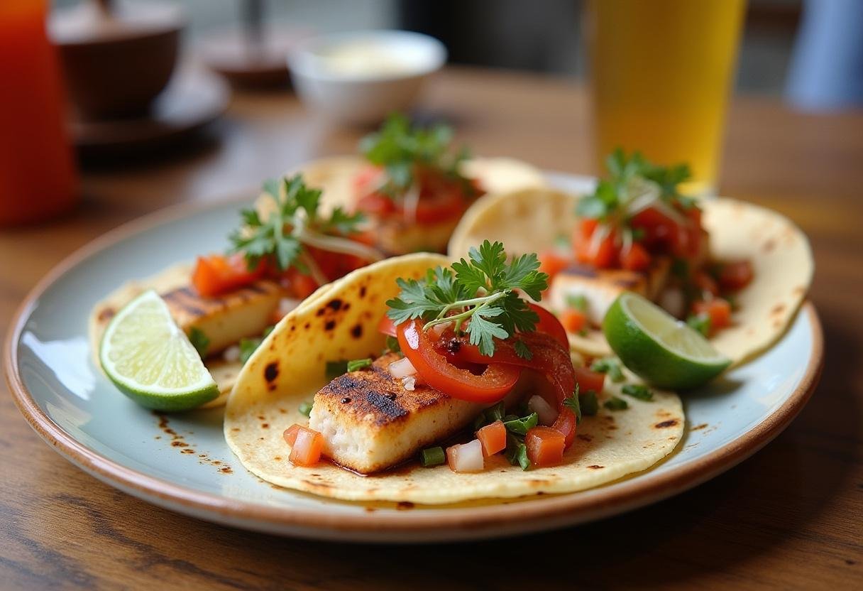 Finished grilled mahi mahi tacos with fresh ingredients, ready to enjoy.