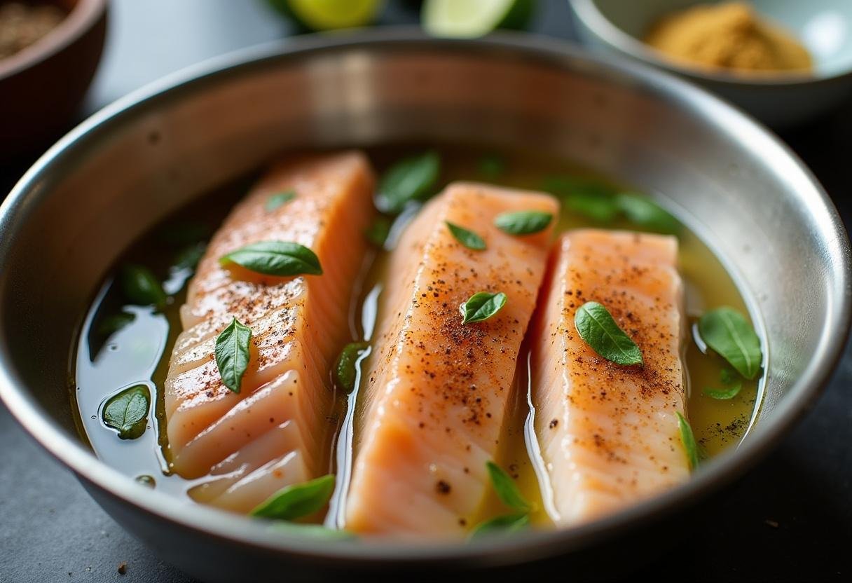 Fresh mahi mahi fillets marinating for grilled mahi mahi tacos.
