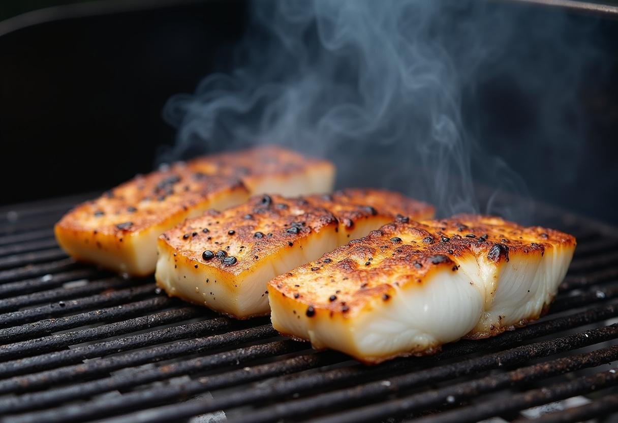 Grilling mahi mahi fillets to perfection for tacos preparation.