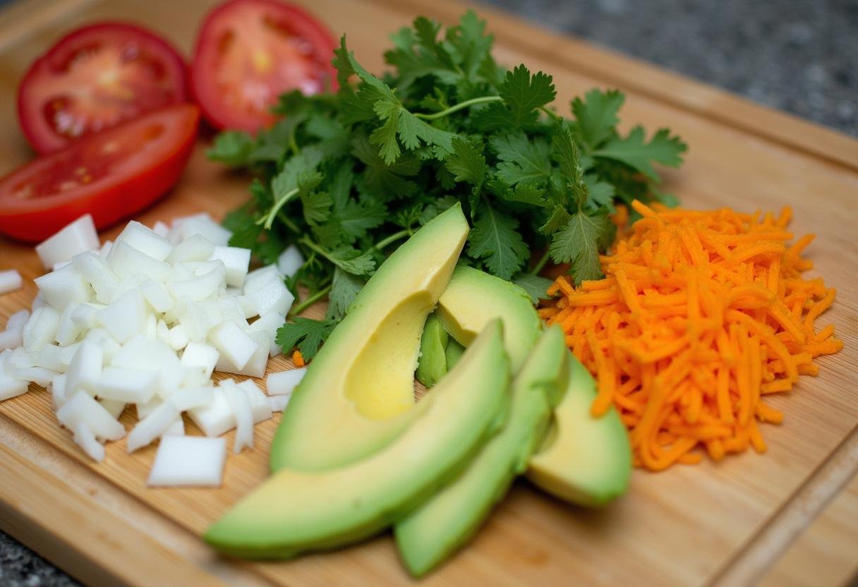 Fresh toppings for grilled mahi mahi tacos, including cilantro, onions, and avocados.