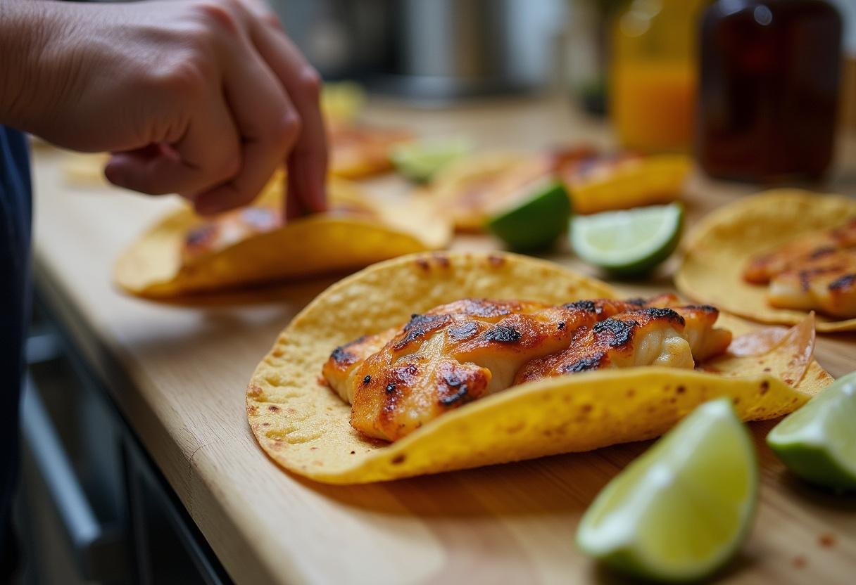 Flaked grilled mahi mahi being added to corn tortillas for tacos.