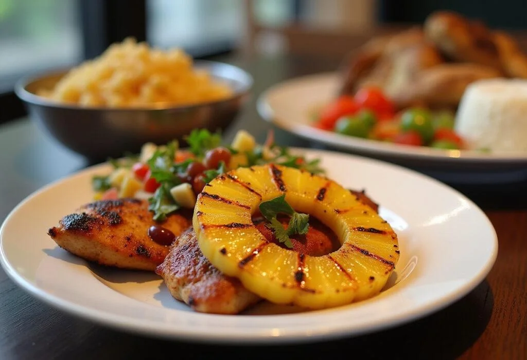 Deliciously plated Grilled Pineapple Chicken with sides, ideal for a summer meal.