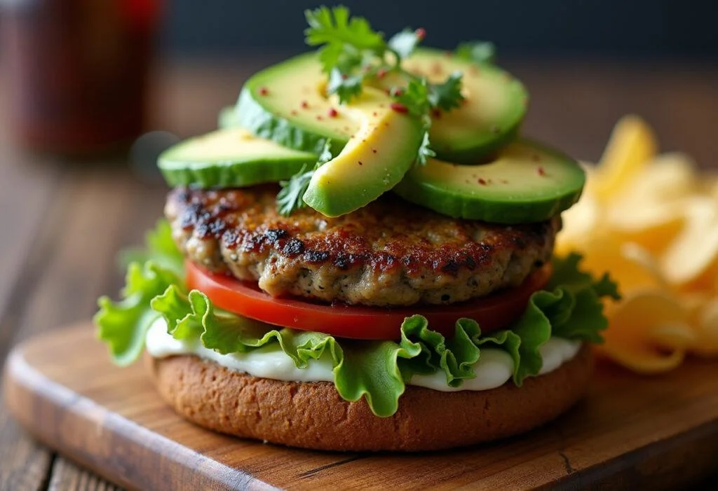 Finished grilled portobello burger with fresh toppings, perfect for a summer meal.