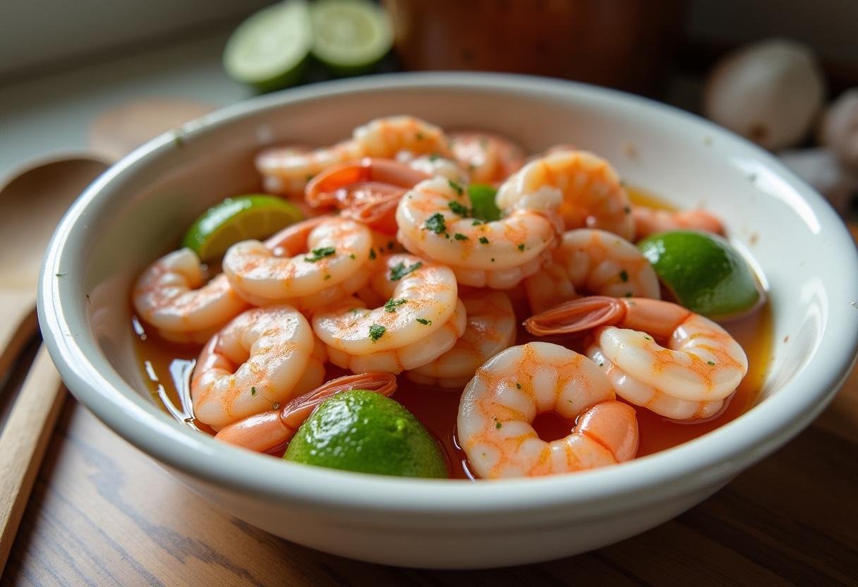 Marinated shrimp in lime juice and spices for Grilled Shrimp Lettuce Wraps.
