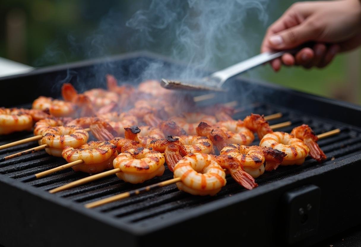 Shrimp skewers grilling perfectly for Grilled Shrimp Lettuce Wraps.