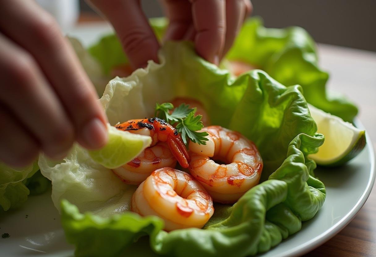 Grilled shrimp being added to lettuce leaves for delicious Grilled Shrimp Lettuce Wraps.