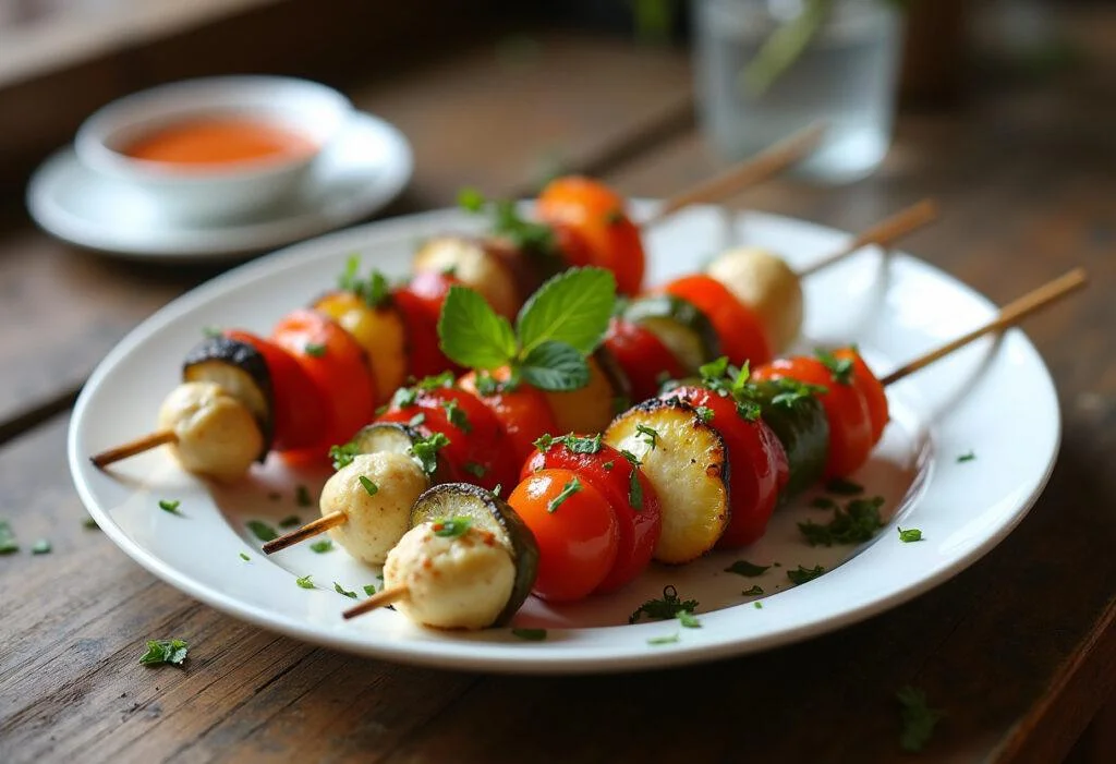 Finished Grilled Vegetable Kebabs served with herbs and dipping sauce, perfect for outdoor dining.