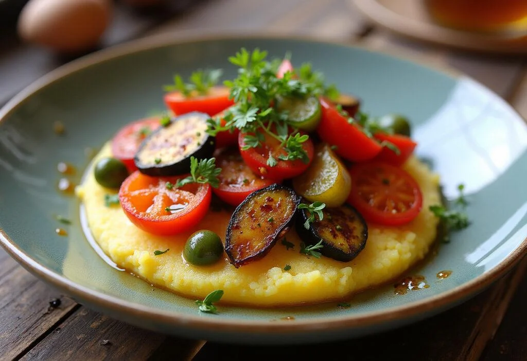 Finished Grilled Vegetable Polenta, featuring a vibrant display of grilled vegetables, ideal for a healthy meal.