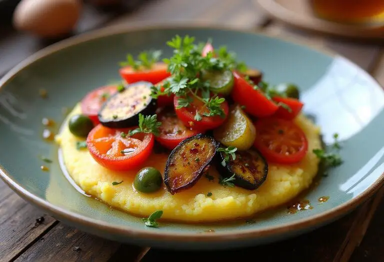 Finished Grilled Vegetable Polenta, featuring a vibrant display of grilled vegetables, ideal for a healthy meal.