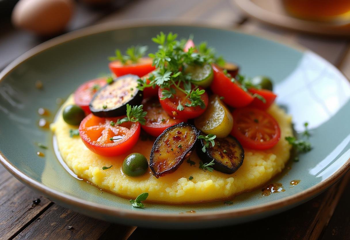 Finished Grilled Vegetable Polenta, featuring a vibrant display of grilled vegetables, ideal for a healthy meal.