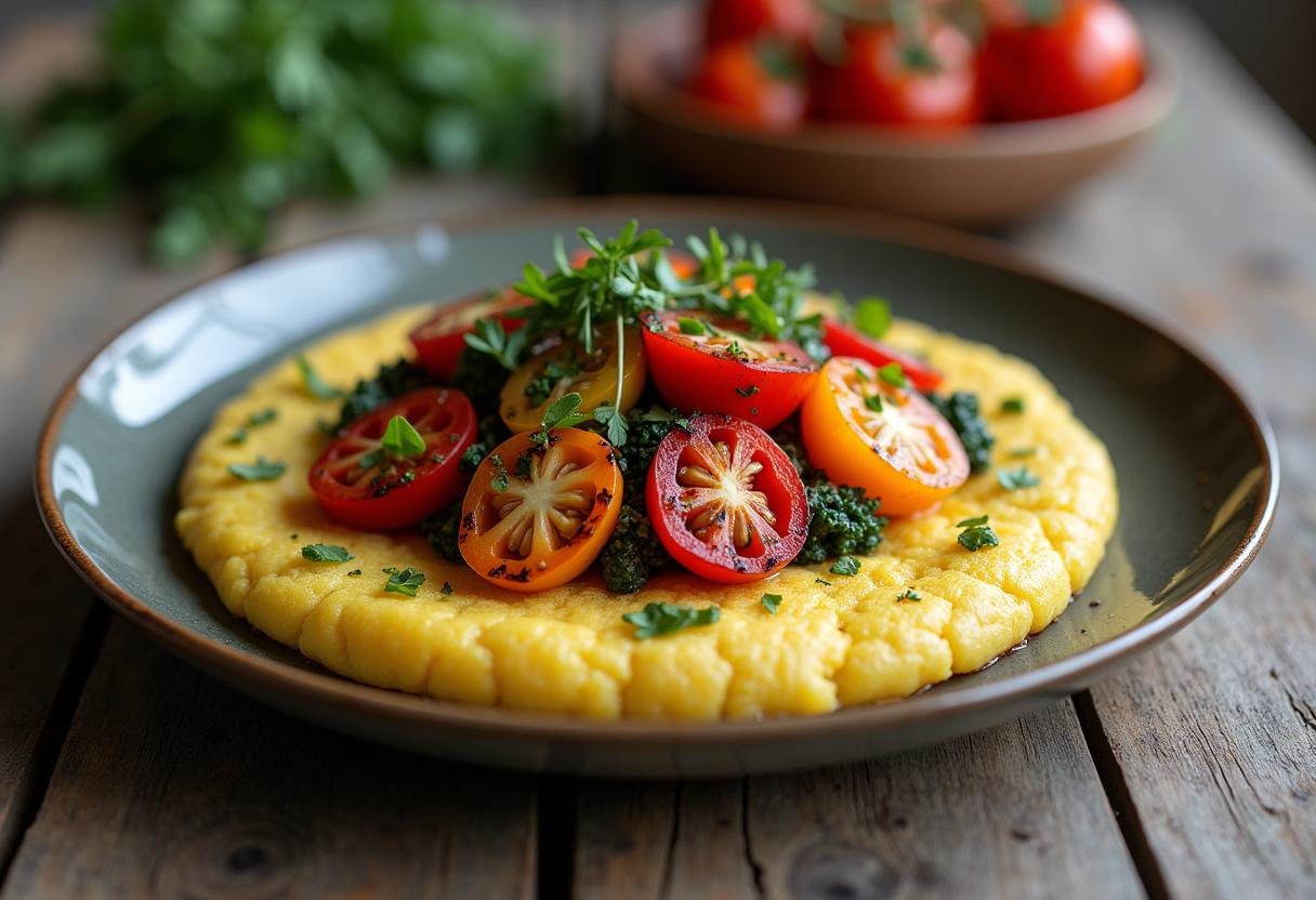 Finished Grilled Vegetable Polenta, featuring a vibrant display of grilled vegetables, ideal for a healthy meal.