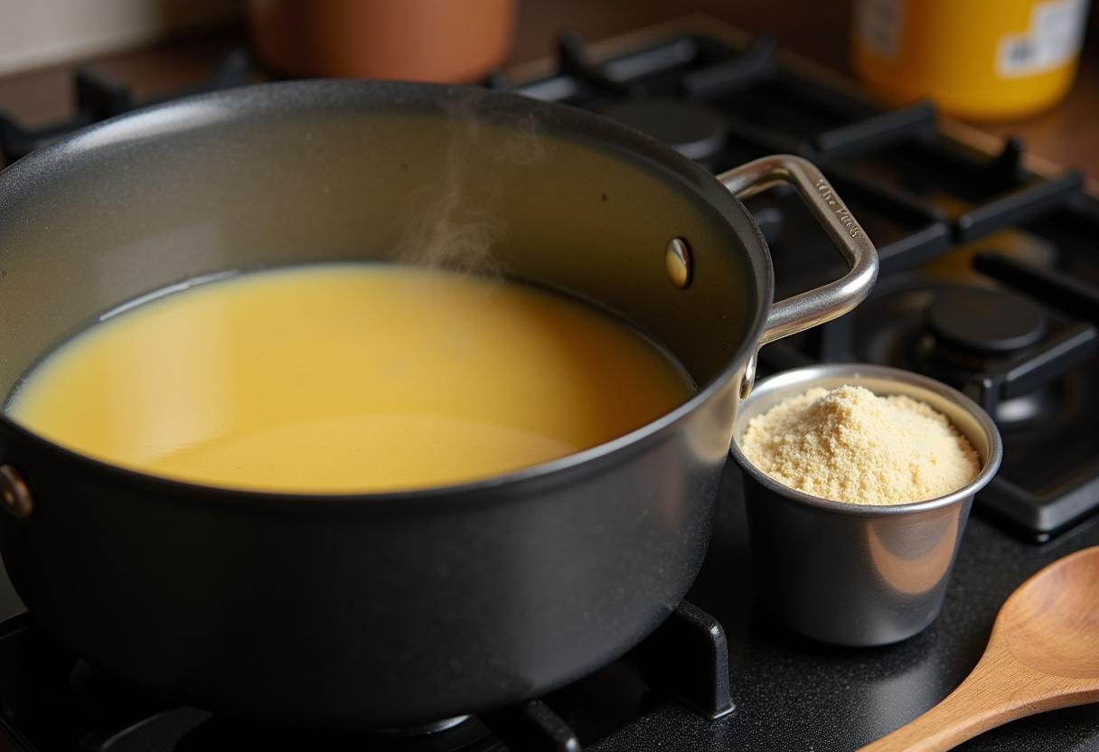 Preparing to cook polenta for Grilled Vegetable Polenta recipe with boiling water and cornmeal.