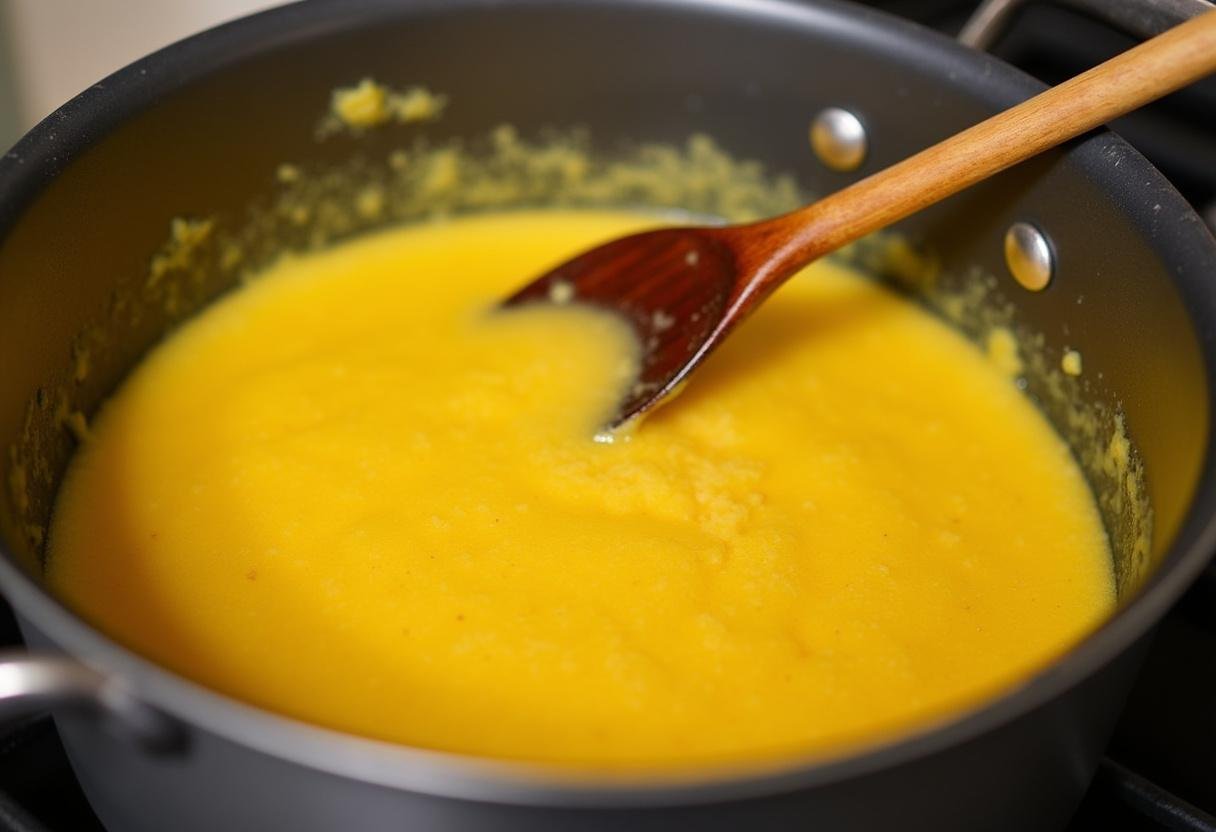 Stirring thickening polenta in a pot for Grilled Vegetable Polenta.