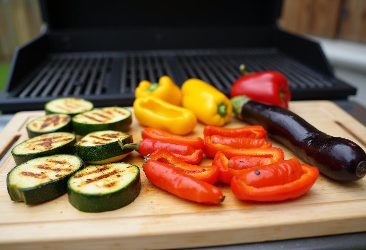 Grilled vegetables prepared for topping polenta in Grilled Vegetable Polenta recipe.
