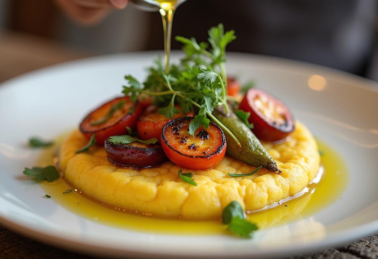 Plating Grilled Vegetable Polenta with grilled vegetables and olive oil for a delicious dish.