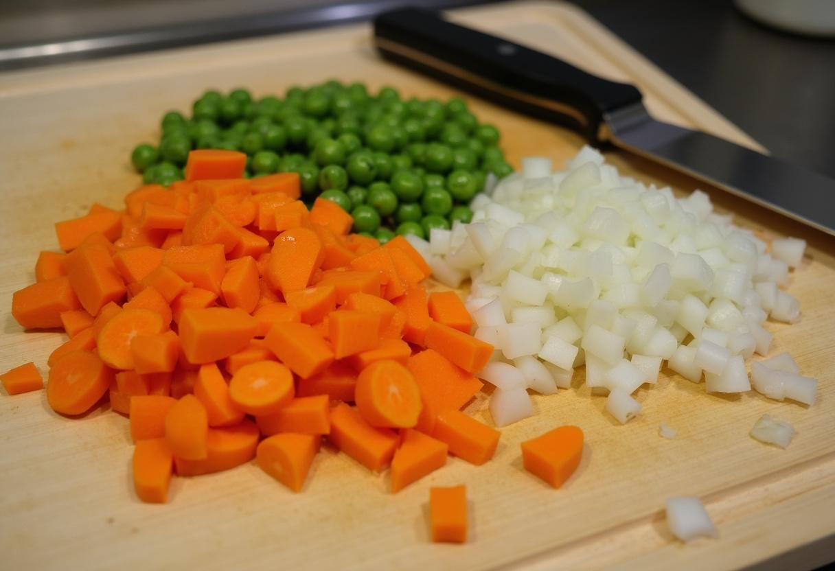 Diced vegetables ready for Healthy Shepherd's Pie preparation, including carrots, peas, and onions.