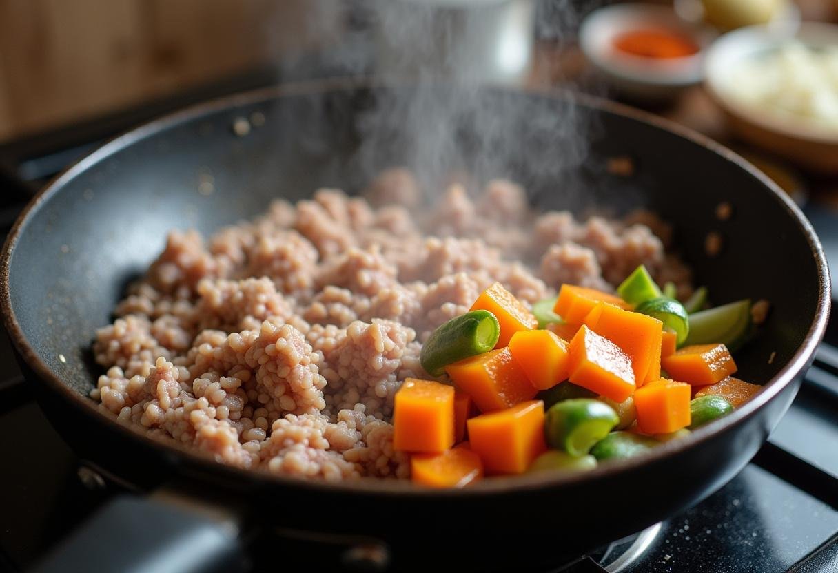 Ground turkey and vegetables cooking together in a skillet for Healthy Shepherd's Pie.