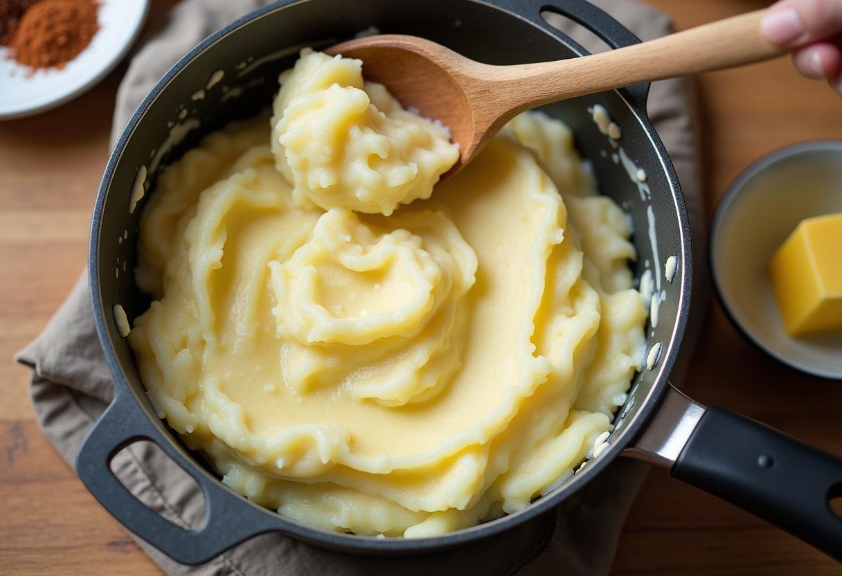 Creamy mashed potatoes prepared for topping Healthy Shepherd's Pie, with butter and seasonings visible.