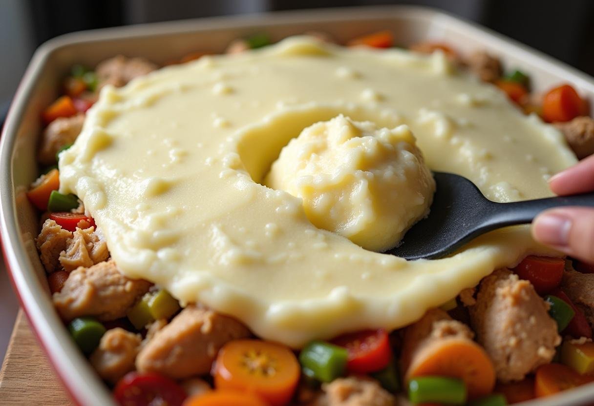 Filling a baking dish with turkey and vegetable mixture, topped with smooth mashed potatoes for Healthy Shepherd's Pie.