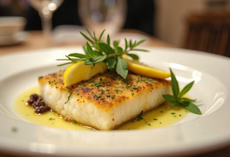 Beautifully presented herb-crusted cod, ready to enjoy with lemon garnish.