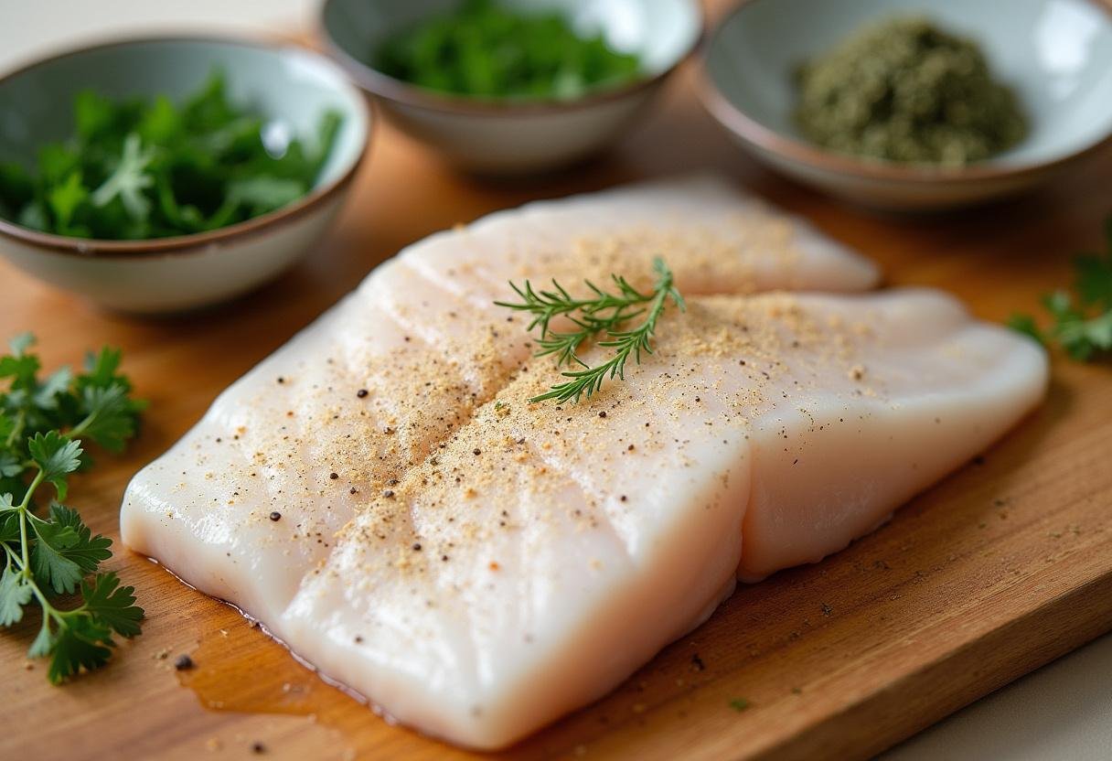 Fresh cod fillet seasoned and ready for herb crusting in the Herb-Crusted Cod recipe.