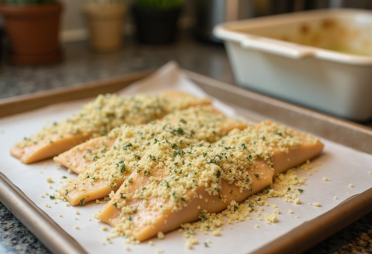 Cod fillet being coated with herb breadcrumbs in preparation for baking Herb-Crusted Cod.