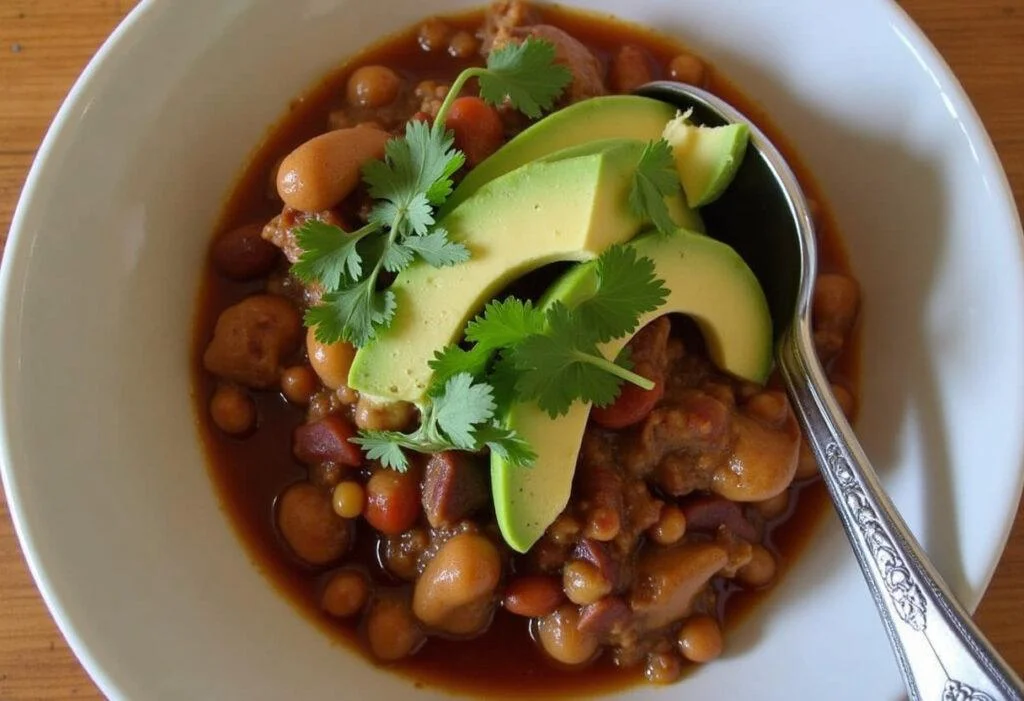Deliciously served Paleo Turkey Chili garnished with avocado, perfect for a healthy meal.