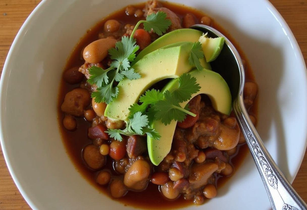 Deliciously served Paleo Turkey Chili garnished with avocado, perfect for a healthy meal.