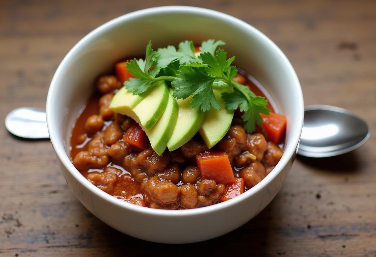Deliciously served Paleo Turkey Chili garnished with avocado, perfect for a healthy meal.