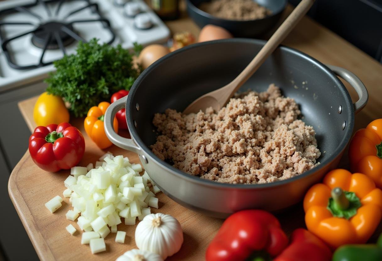 Cooking ground turkey with fresh vegetables for Paleo Turkey Chili.
