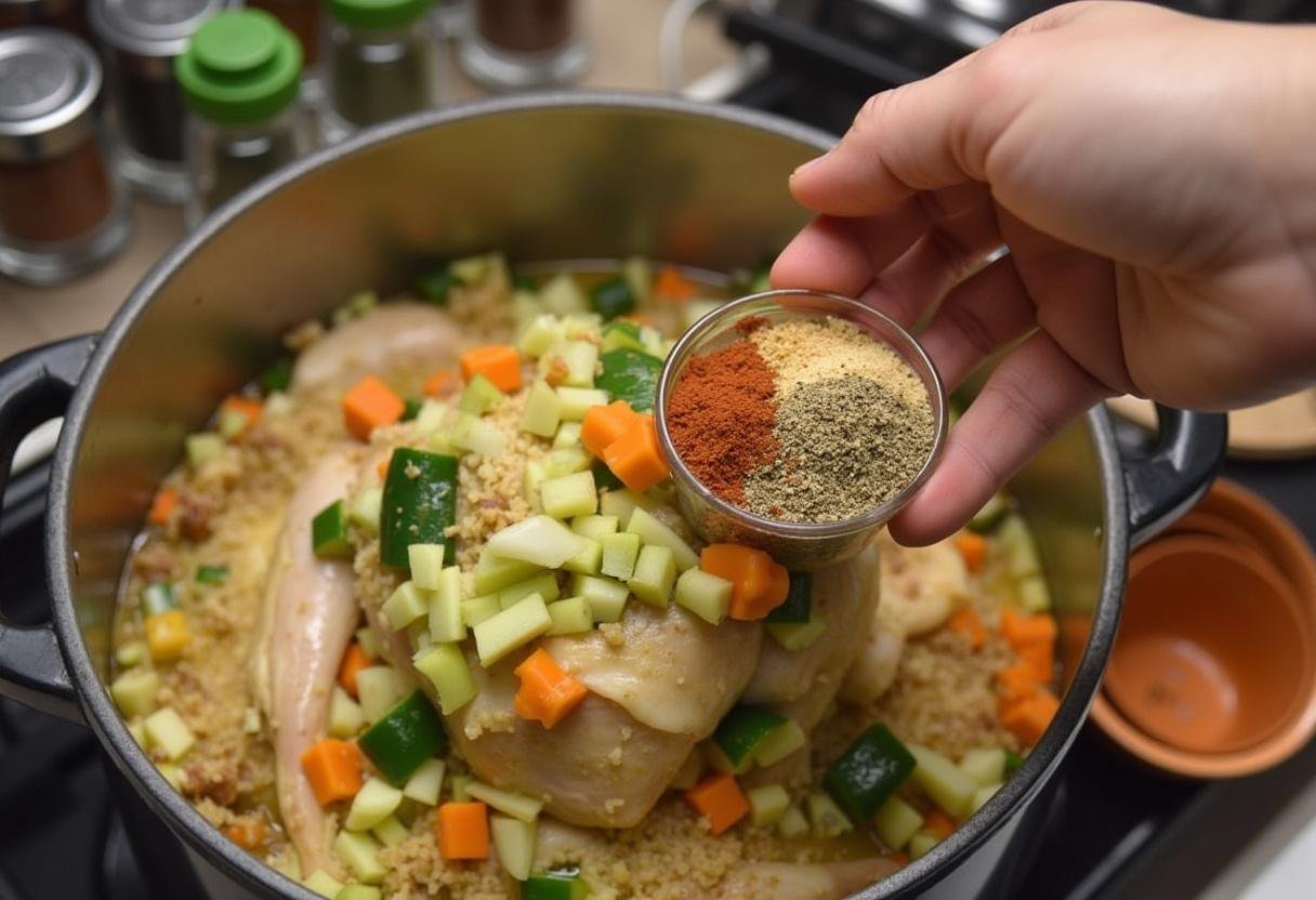 Adding spices and chopped vegetables to the turkey for a flavorful Paleo Turkey Chili.