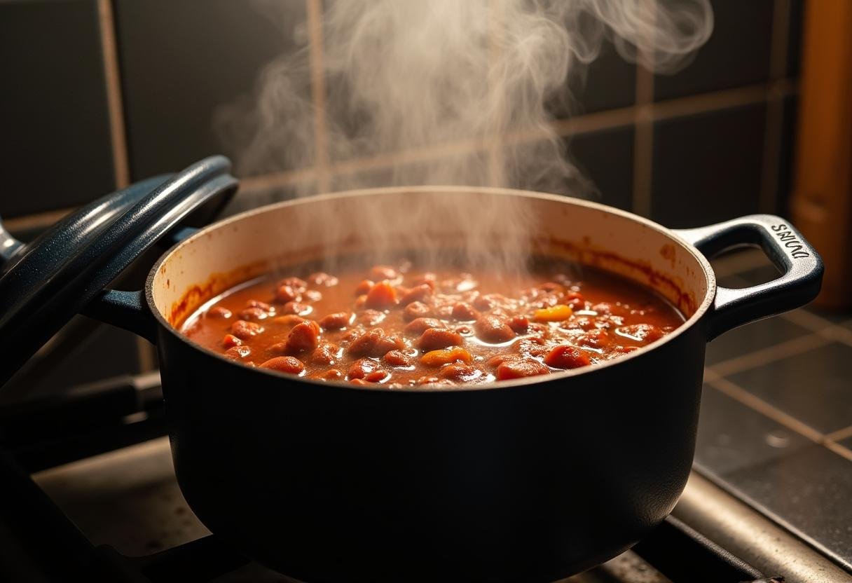 Simmering Paleo Turkey Chili on the stove, filled with rich ingredients and aromas.
