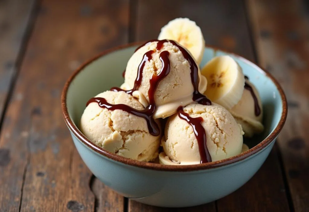Delicious peanut butter banana ice cream served with banana slices and chocolate syrup, perfect for dessert.