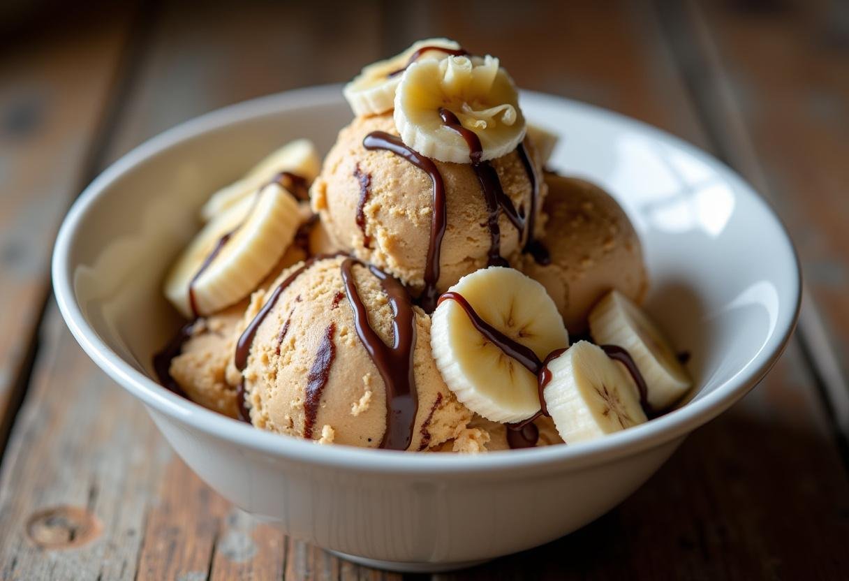 Delicious peanut butter banana ice cream served with banana slices and chocolate syrup, perfect for dessert.