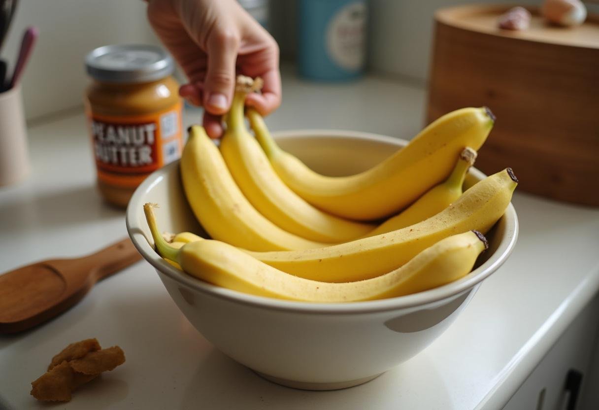 Peeled ripe bananas in a mixing bowl, the first step for making peanut butter banana ice cream.