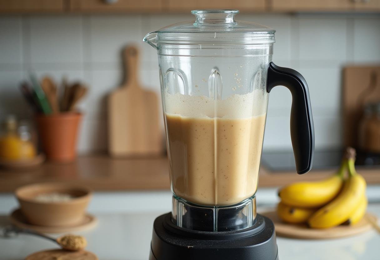 Blender filled with banana and peanut butter mixture for ice cream preparation.
