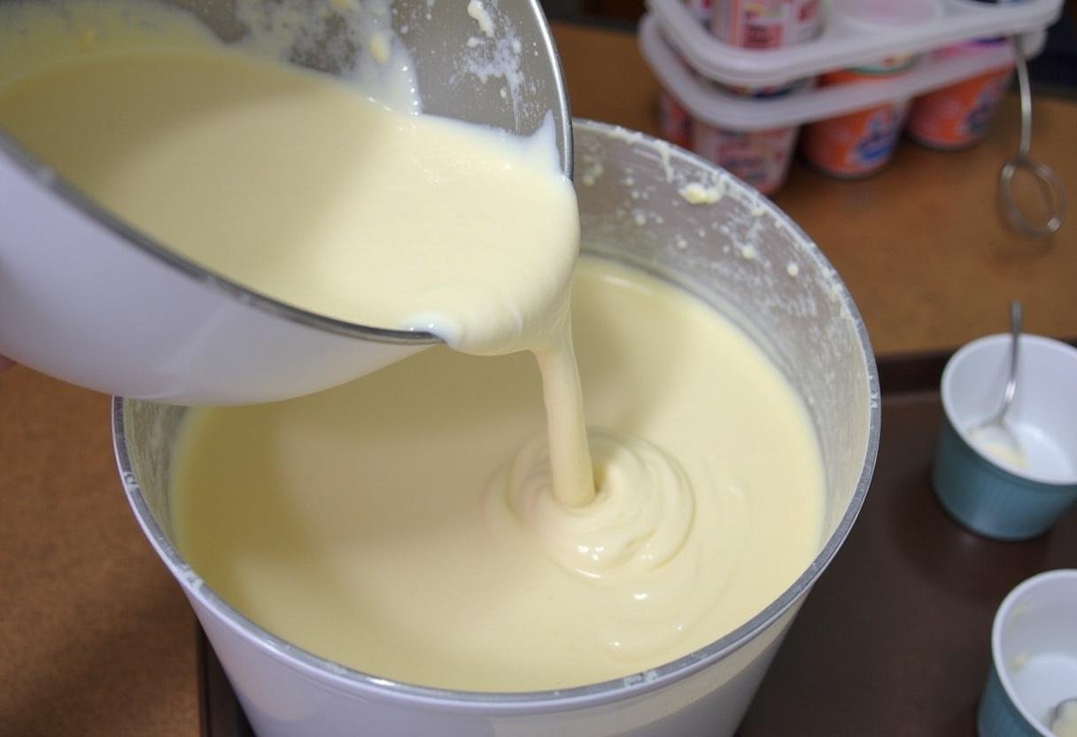 Blended peanut butter banana ice cream mixture being transferred to an ice cream maker for churning.