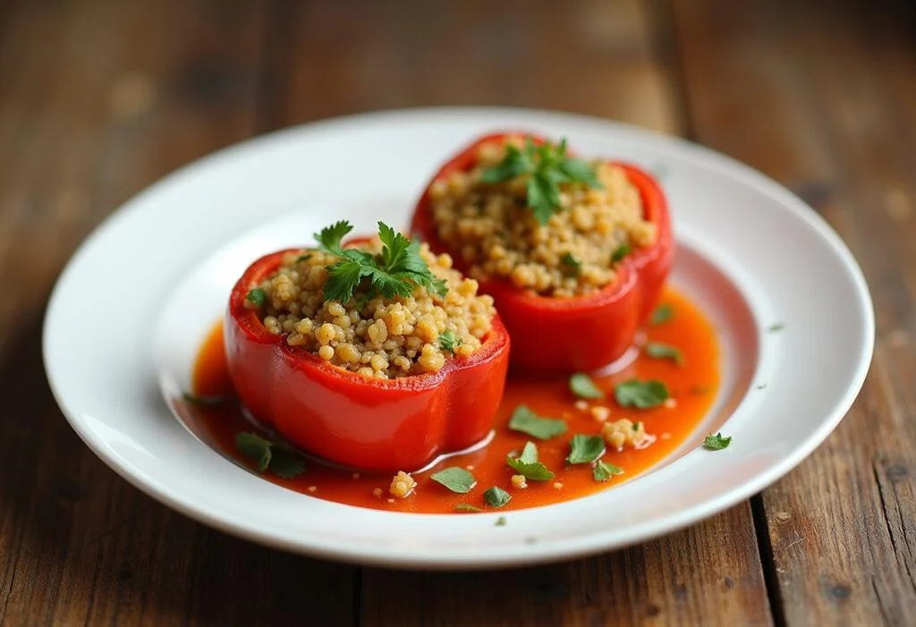 Finished Quinoa Stuffed Bell Peppers garnished with herbs, perfect for a healthy meal.