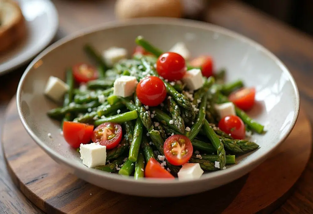 Delicious roasted asparagus salad with colorful toppings, perfect for a healthy meal.