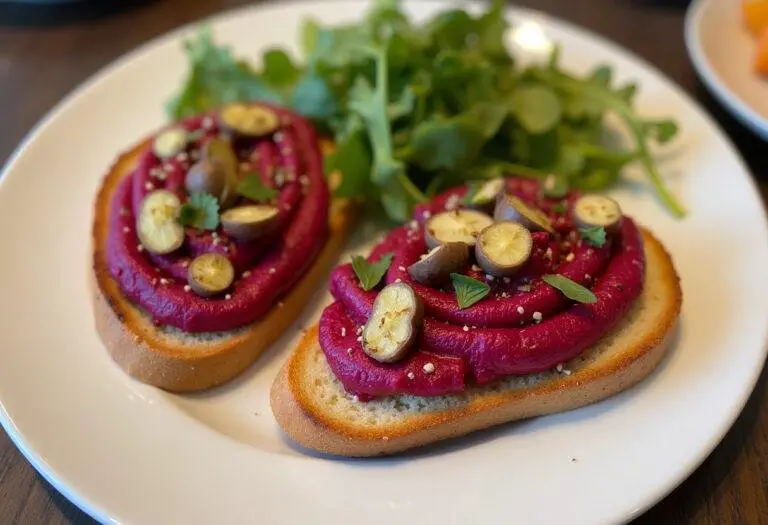 Artfully arranged Roasted Beet Hummus Toast, perfect for a healthy meal.