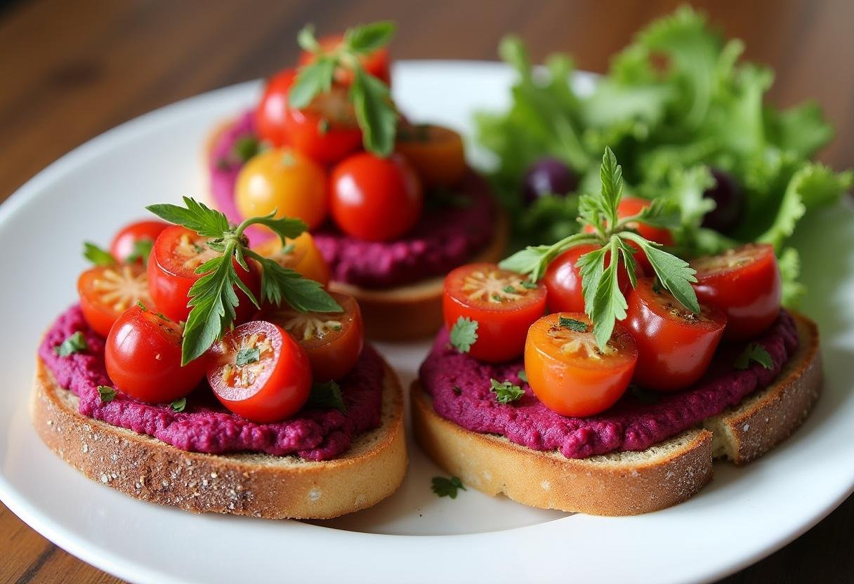 Artfully arranged Roasted Beet Hummus Toast, perfect for a healthy meal.