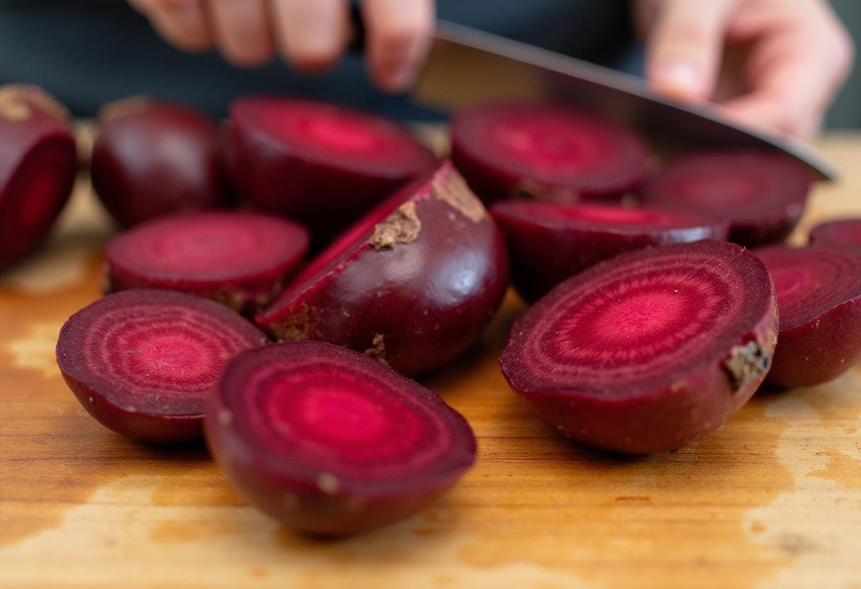 Peeled and chopped roasted beets ready for making Roasted Beet Hummus.