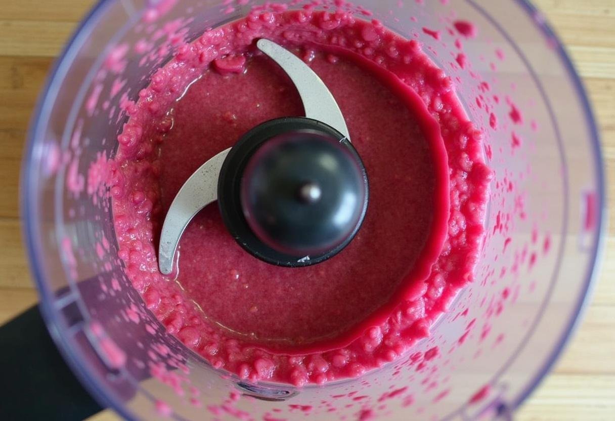 Blending roasted beets, tahini, and garlic to create Roasted Beet Hummus.
